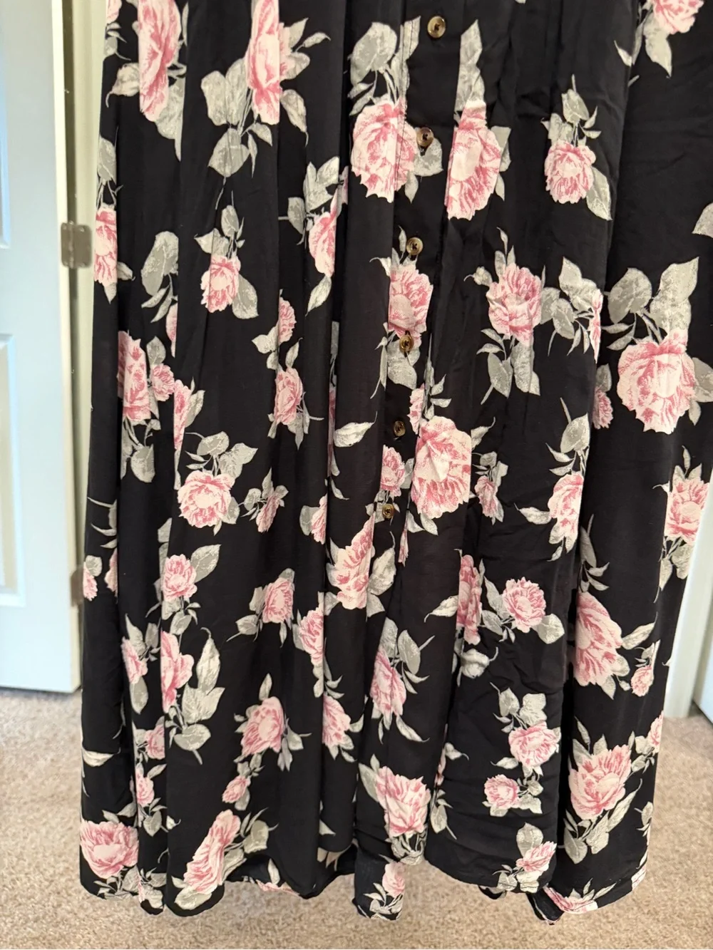 Free People Black Pink Rose Floral Button Front Maxi Dress Tie Sleeve